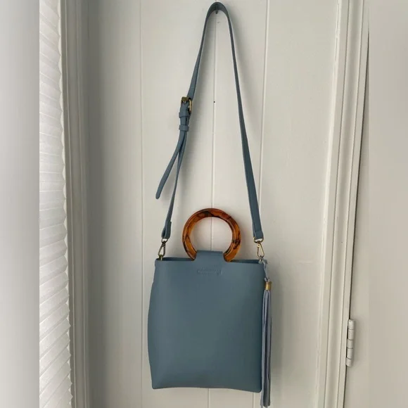 Anthropologie Blue Bag with Tortoise Handle & Fringe - Picture 10 of 11